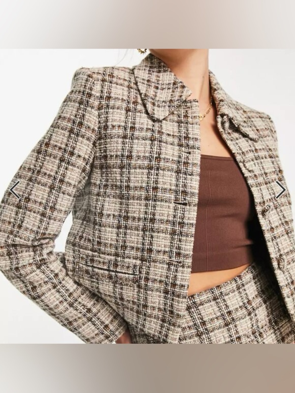& Other Stories Plaid Tweed Cropped Blazer in Brown and Cream